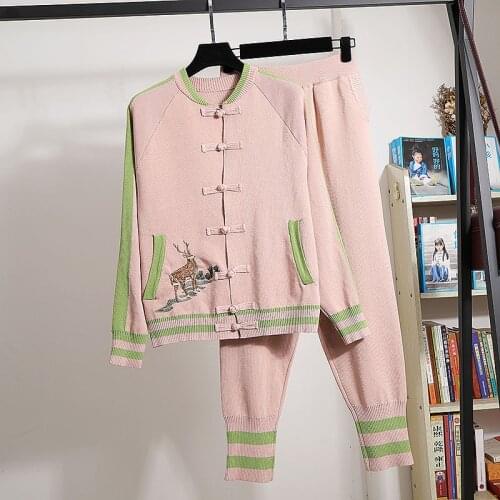 Fashion Embroidery Knitted Set Women Tracksuit Cardigan Sweater Pencil Pants Two Piece Outfits Female Loose Sports Knitting Suit
