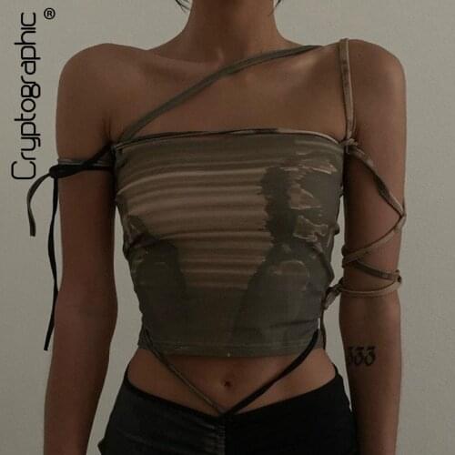 Cryptographic Fashion Print Sleeveless Crop Tops for Women Bandage Sexy Backless Tie Up Halter Top Female Cropped Top Summer
