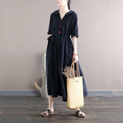 Johnature Women Black Bandage Shirt Dress Cotton Linen Button Vintage Robes 2021 Summer New Original Chinese Style Female Dress