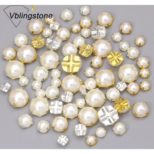 100pcs White Pearl Beads Sew On Rhinestones With Gold/Sliver Claw Flat Back Pearls For Needlework Glitter Beads For Dress 5-10MM