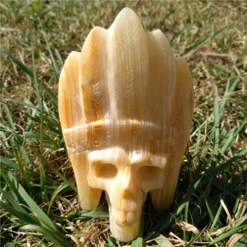 777g Yellow Jade Indian Style Skull Hand Carved Topaz Skull Charming Decorative Gemstone Carving