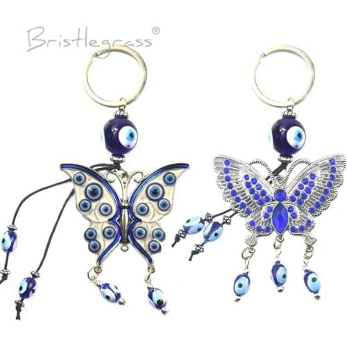 BRISTLEGRASS Turkish Blue Evil Eye Butterfly Keychain Car Key Chains Ring Holder Amulets Pendant Lucky Charm Blessing Protection