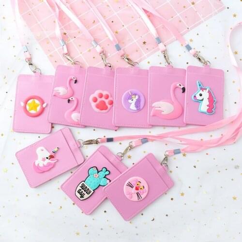 Cute Leather ID Card Holder Women Hanging Rope Business Card Case Student Lovely Unicorn Lanyard Bank Credit Badge Card Cover