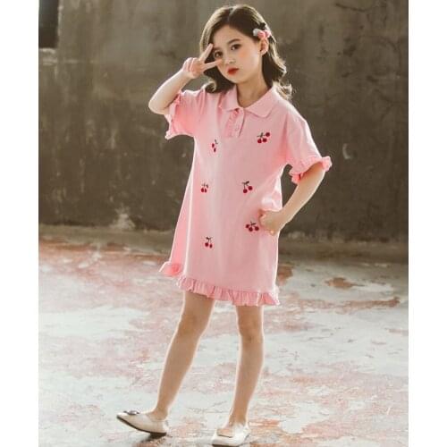 Children Girls Back To School Dresses 3 4 6 8 9 12Y Summer Kids Dresses for Girls Princess Cherry Print One-Piece Lovely Clothes