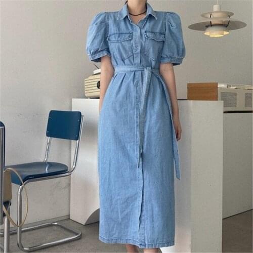 Retro niche show thin temperament lapel washed denim puff sleeve dress