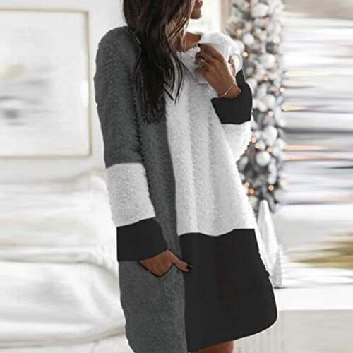 Elegant Warm Plush Home Dresses Ladies Fashion Patchwork Color Design Mini Dress Women 2021 Autumn Winter Casual O Neck Dresses