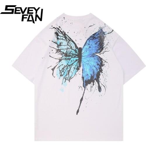 SEVEYFAN Summer Butterfly Painted T-shirt Mens Hip Hop Tees Short Sleeve Cotton Tees for Couples