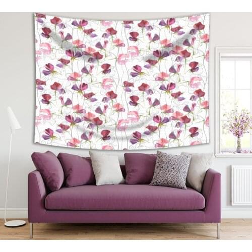 Tapestry Sweet Peas Purple Pink Flowers Pattern Polka Dots on Watercolor Style Artwork Printed