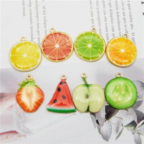 Julie Wang 8PCS Fruit Charms Mixed Alloy Epoxy Orange Strawberry Apple Watermelon Gold Tone Pendant Jewelry Making Accessory