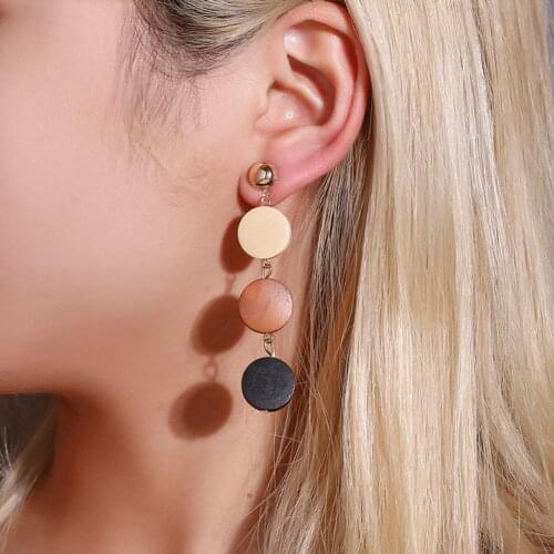 Creativity Wooden Women Three circular connections Round Geometric Wooden Drop Dangle Ear Stud Earrings Jewelry Gift
