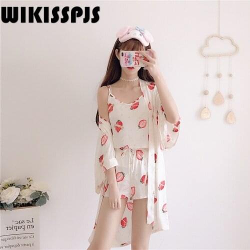 2021 Summer Sweet Thin Printed Drawstring Robe Three Piece Set Leisure Wear Sexy Pajamas Sleepwear Robe Sets Sleep Tops