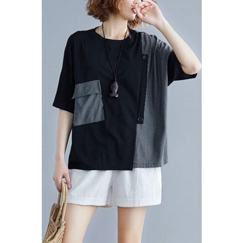 Patchwork Pocket Loose Cotton Women T-Shirts 2021 Summer New O-Neck Short-Sleeved Loose Casual All Match Female Pulls Tops Tees