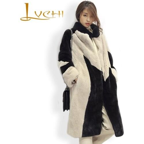 LVCHI Velvet Mink Fur Winter Outwear Noble Real Fur Full Pelt Import Turn-down Collar Coat Women Contrast Color Fashion Coats