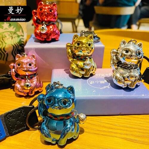 Japanese Cute Lucky Cat Keychains Car Keys Bag Key Chains Decor Bell Pendent Charm Keyring for Women Couple Airpods