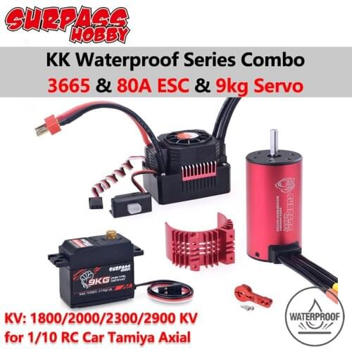 Surpass Hobby Waterproof ESC Brushless Motor Combo 3665 2200/2600/3100KV with 80A ESC 9KG Gear Servo for 1/10 RC Car Tamiya