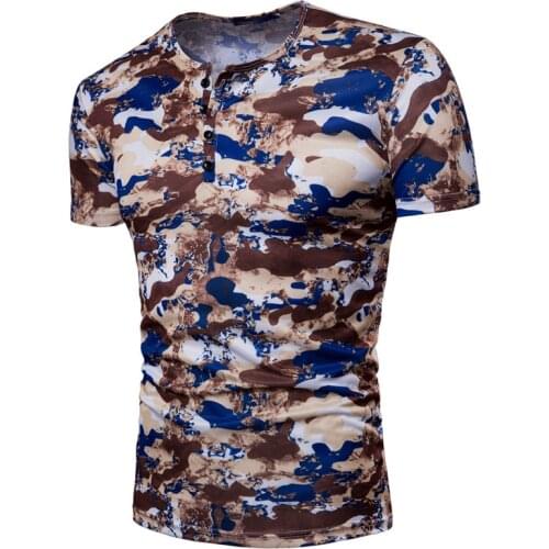 Mens Elastic Casual Sports Camouflage short-sleeved Round Neck Button T-shirt Men Sportswear tee