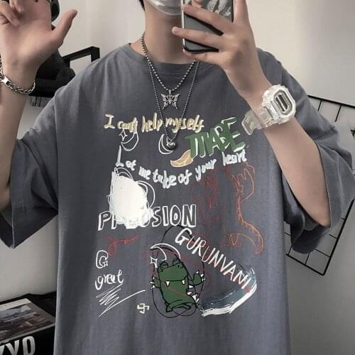 Short-sleeved mens loose ins trend hundred tide brand Port wind five-sleeve cartoon couple dress t-shirt summer clothes