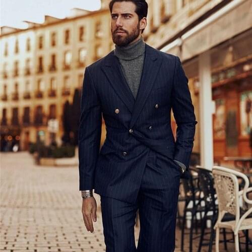 YIWUMENSA Classic Pinstripe Men Suits For Wedding Groom Wear 2 Pieces Jacket With Pants Slim Fit Blazers Double Breasted Coat