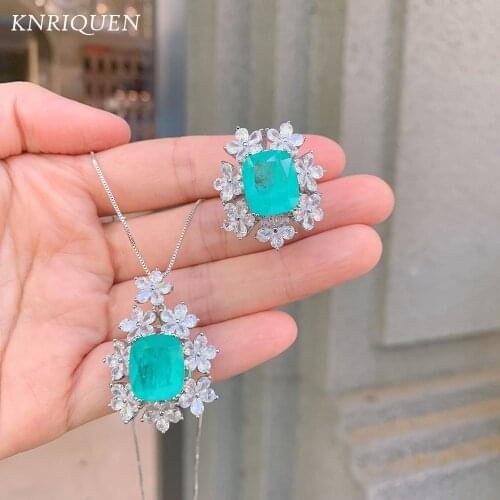 Retro 925 Sterling Silver Jewelry Sets for Women 10*14mm Paraiba Tourmaline Pedant Necklace Ring Wedding Party Fine Jewelry Gift