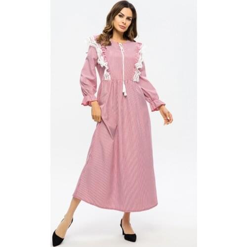 New Muslim Arabian Lace Fringed Stitching Flower Edge Dress Middle East Abaya For Women Fashion Moroccan Caftan 2021