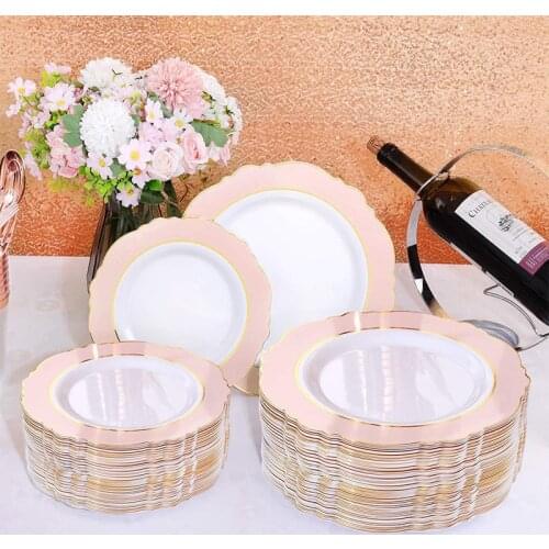 Disposable Tableware Pink Gold Plastic Plate With Gold Edge Suitable for High-end Wedding Birthday Xmas Party Supplies 50Pcs