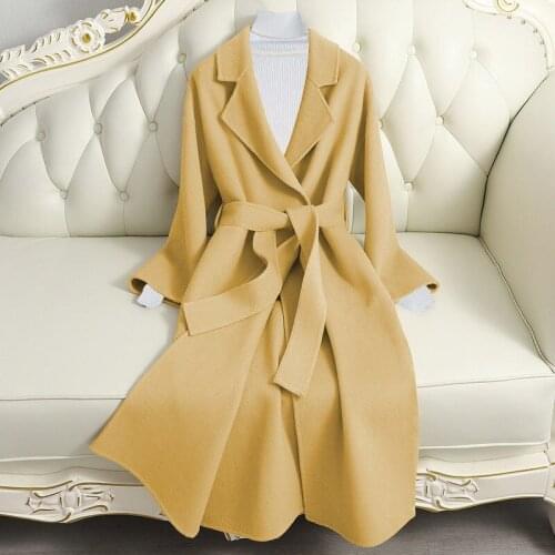 Women Autumn Winter Elegant Long Wool Coat Jacket Belt Woolen Overcoat Turn-Down Collar Loose Cardigan Outerwear