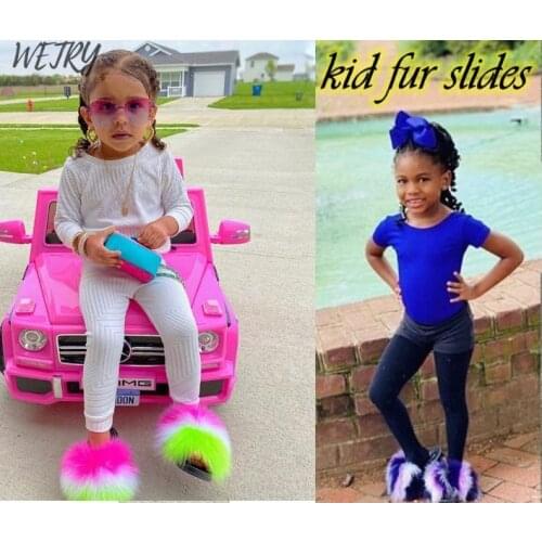 Kids Real Fox Slippers Raccoon Slides Chinelos Menina Slippers Toddler Baby Girls Shoes fox fur slides fur slides for kids