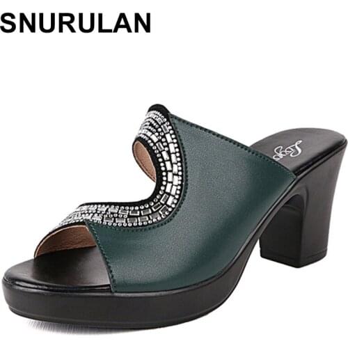 SNURULAN2021 Fashion Peep Toe High Heels Shoes Women Slippers Leather Luxury Designer Ladies Street Beach Sandals Slides Shoes