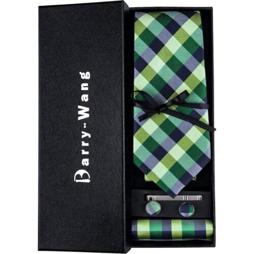 TS-406 Barry.Wang 2018 Mens Ties Necktie Hanky Cufflinks Sets With Gift Box Green Plaid Ties For Men Wedding Bueiness Party