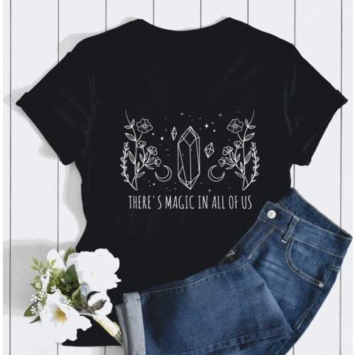 Theres Magic In All Of Us T-shirt Aesthetic Crystal Moon Wiccan Tshirt Vintage Women Short Sleeve Graphic Witch Top Tee Shirt