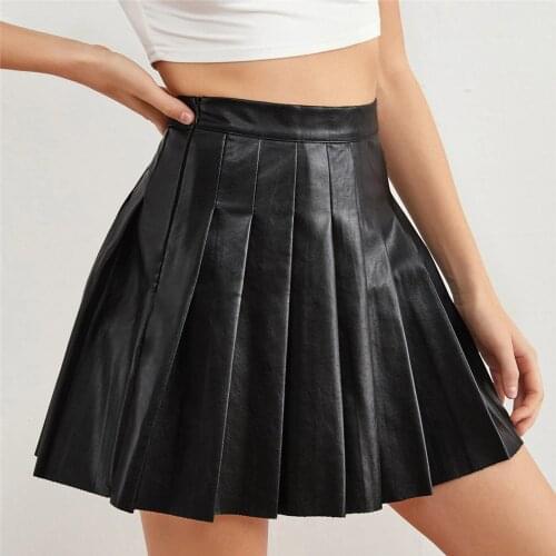 Female Mini Skirts New Fashion Pu Leather Solid Color Short Underskirt Ladies' Elastic High Waisted Pleated Skirt Costume#F3
