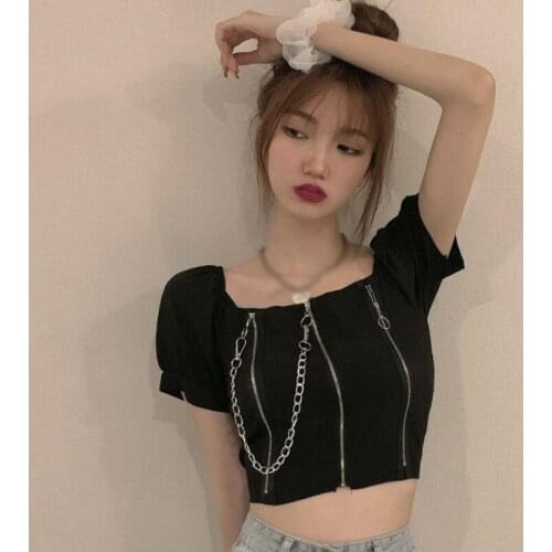 Women Streetwear T-shirt Chic Square Collar Zipper Chain T Shirt Sexy Slim-fit Short Sleeve Crop Tops