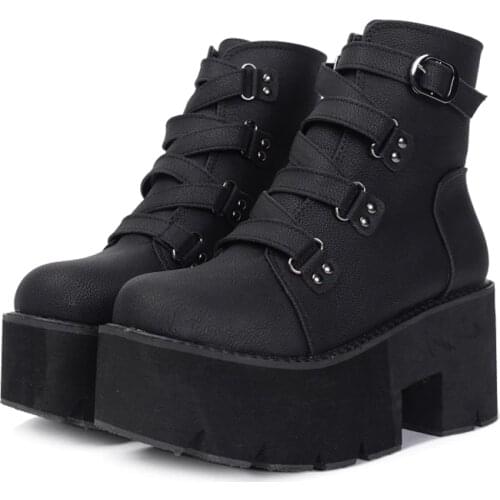 Autumn Ankle Boots Women Platform Boots Woman Metal Buckle Black PU Leather Wedges Female Comfortable High Increase 8cm Shoes