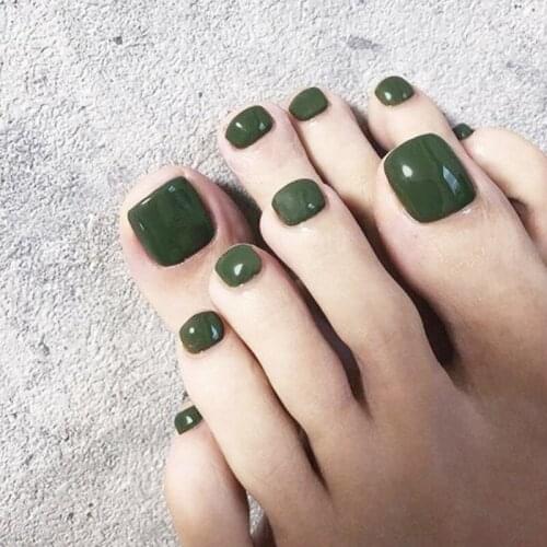 Beautiful forest green pure color false nails for toe 24pcs Summer cute toe nails short size lady full nail tips for toe