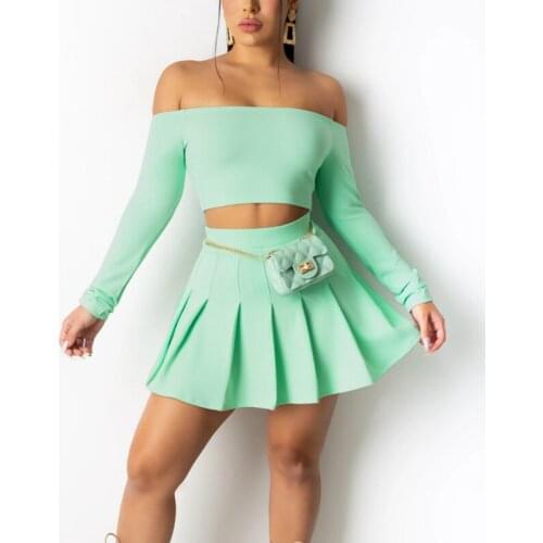 Summer Party Fashion Suit Women Top&Skirts Two Pieces Solid Slash Neck Crop Tops High Waist Pleated Skirt Club Street Clothes