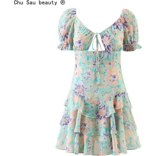 2021 Summer Holiday Style Print Sexy Hollow Out Lace-Up Ruffle Women Dress New Vintage Square Neck Puff Sleeve Dress