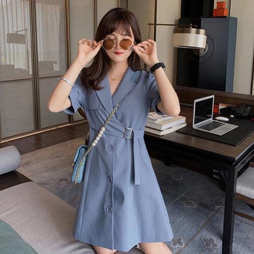 Summer Dresses Women Notched Collar Blue Adjustable Waist Mini Dress Vintage Short Sleeve Elegant Office Ladies Korean Vestidos