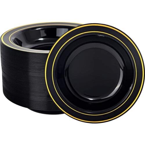 20Pcs Disposable Tableware Black Plastic Salad Soup Bowl High-End Heavy Duty Phnom Penh Banquet Disposable Dessert Plate