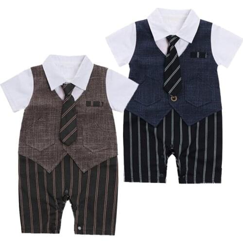 2018 Fashion Toddler Baby Boys Gentleman Formal Suit One-piece Short Sleeves Striped Pattern Romper Jumpsuit with Tie