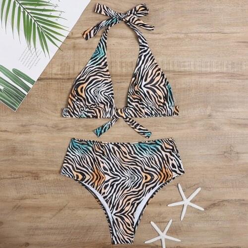 2021 Summer New Printing Halter Lingerie Set Sexy High Waist Bikini Suit Women Gather Push Up Beach Swimwear Thong Beachwear