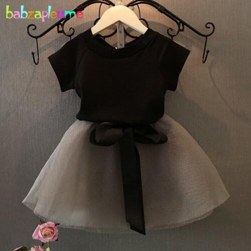 Babzapleume Summer Children Clothing Set Baby Girls Outfit Suit Black Short Sleeve T-shirt+Skirt Korean Kids Clothes 2PCS BC1302