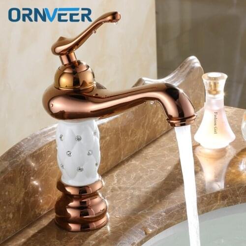 Free Shipping Royal Gold Plated Bathroom Faucet White Ceramic Body Rose Gold Brass Basin Sink Mixer Tap RG-025