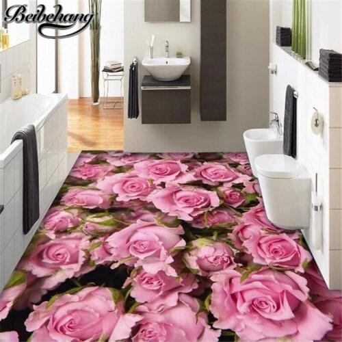 Beibehang Custom large fresco wallpaper 3d self-adhesive high-definition beautiful pink rose living room 3D floor tiles foil