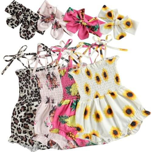 Citgeett Summer Baby Girls Suspender Bodysuit Sunflower Printing Ruffles Jumpsuits and Headband Leopard Clothes