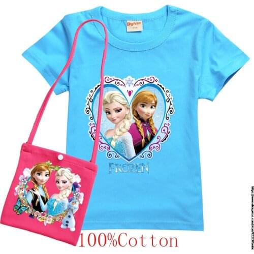 Disney Childrens summer T-shirt Frozen Elsa cotton T-shirt + bag set Girls fashion casual short-sleeved toddler tshirt clothe