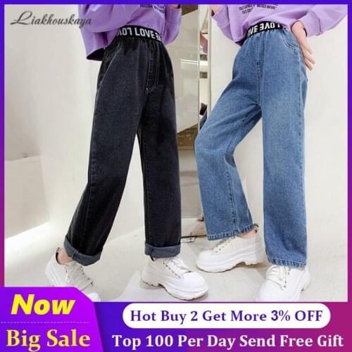 110-160cm Brand Cartoon Jeans For Girls Teenage Children Jeans High Elastic Waist Denim Girls Pants Trousers For Kids Clothes