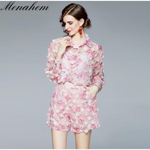 Menahem Autumn Full Rose Pink Floral Print Two Piece Set Chiffon Long-Sleeved Shirt Blouse + Wide Leg Shorts Holiday Suit