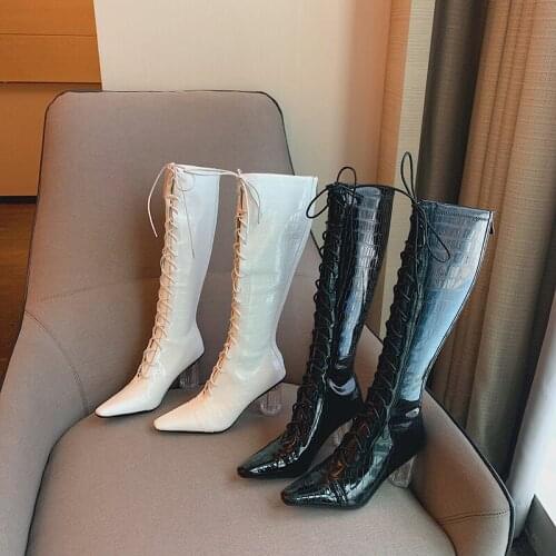 Fashion Women Knee Boots Cross Tied Lace Up Back Zipper Clear High Heels Knight Booties Black White Sexy Winter Boots Woman 39