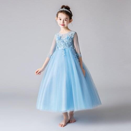 Summer New Girls Tulle Gown Flower Girl Dress For Weddings Lovely Flower O-neck Half-sleeve Lace Dress Big Girls Long Ball Gown