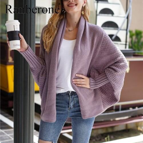 Ranberone New Sweater Womens Jacket Bat Sleeve Large Size Cardigan Female Clothes Solid Color Outerwear Tracksuit Ladies Top